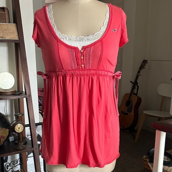 Hollister coral pink vintage Y2K babydoll top - Picture 2 of 10